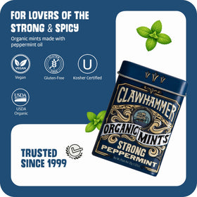 Clawhammer Organic Mints showing 30 mints per tin for daily refreshment