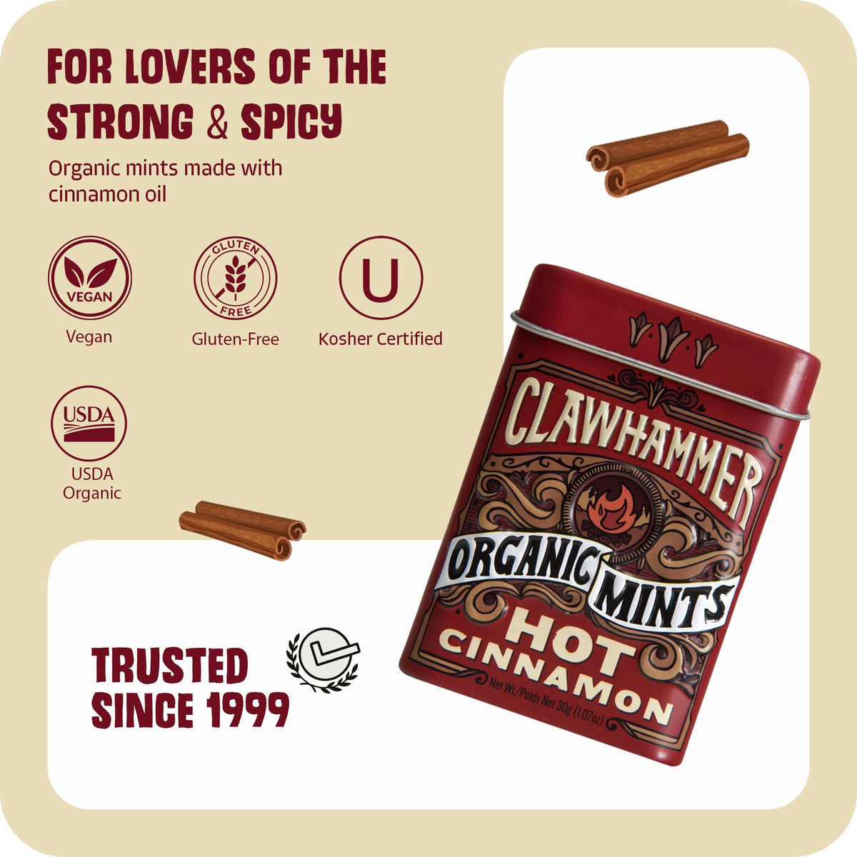 Clawhammer Organic Mints Hot Cinnamon tin back view shows organic certification.