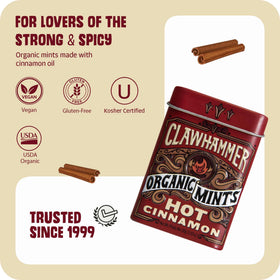 Clawhammer Organic Mints Hot Cinnamon tin back view shows organic certification.