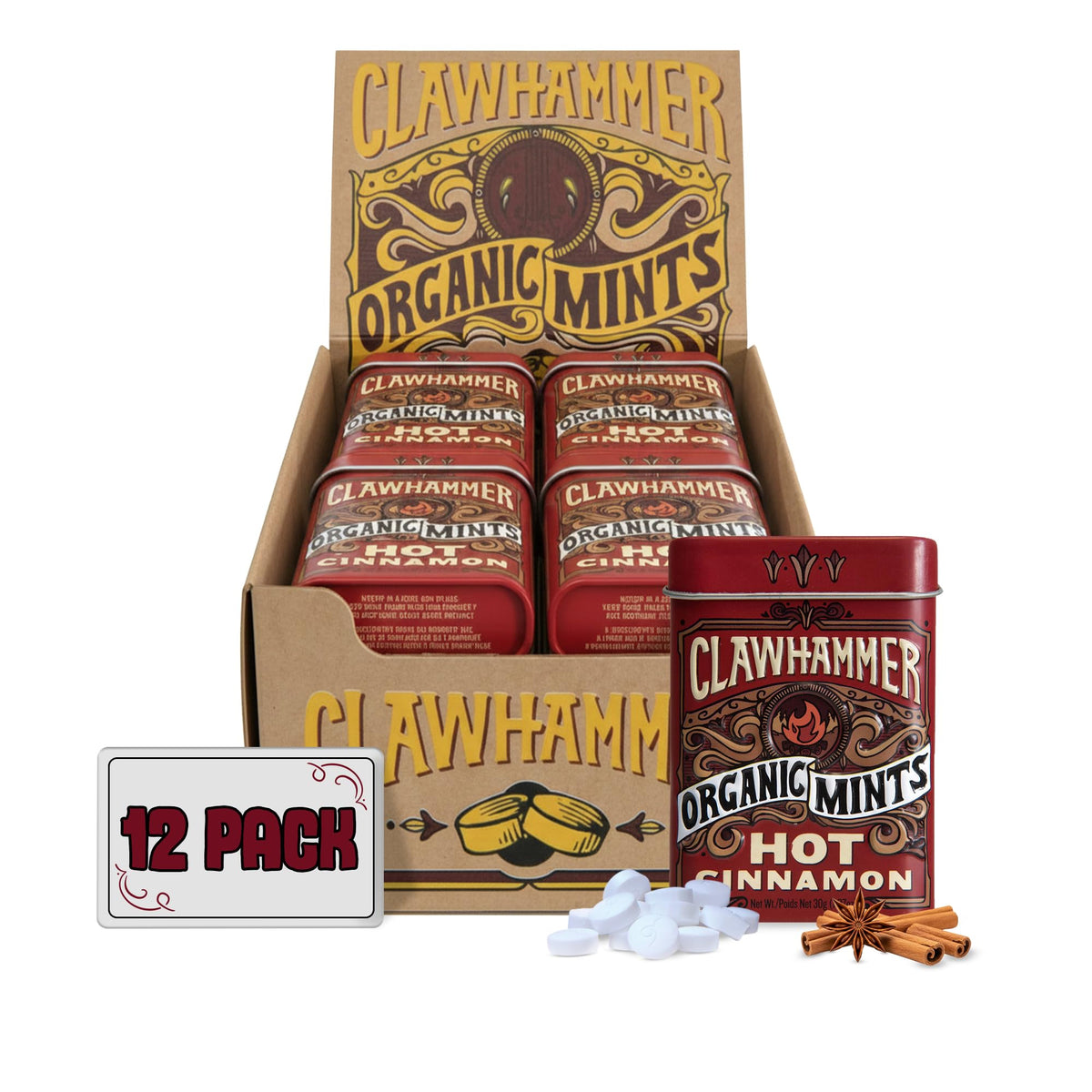 Clawhammer Organic Mints Hot Cinnamon tin front view, travel-friendly packaging.