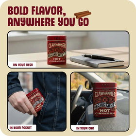 Clawhammer Organic Mints ingredient label highlights natural cinnamon and organic sugar.