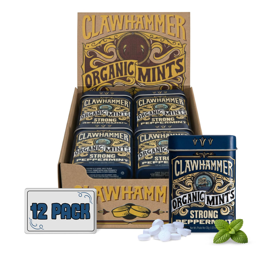 Clawhammer Organic Mints strong peppermint tin front for refreshing breath on the go
