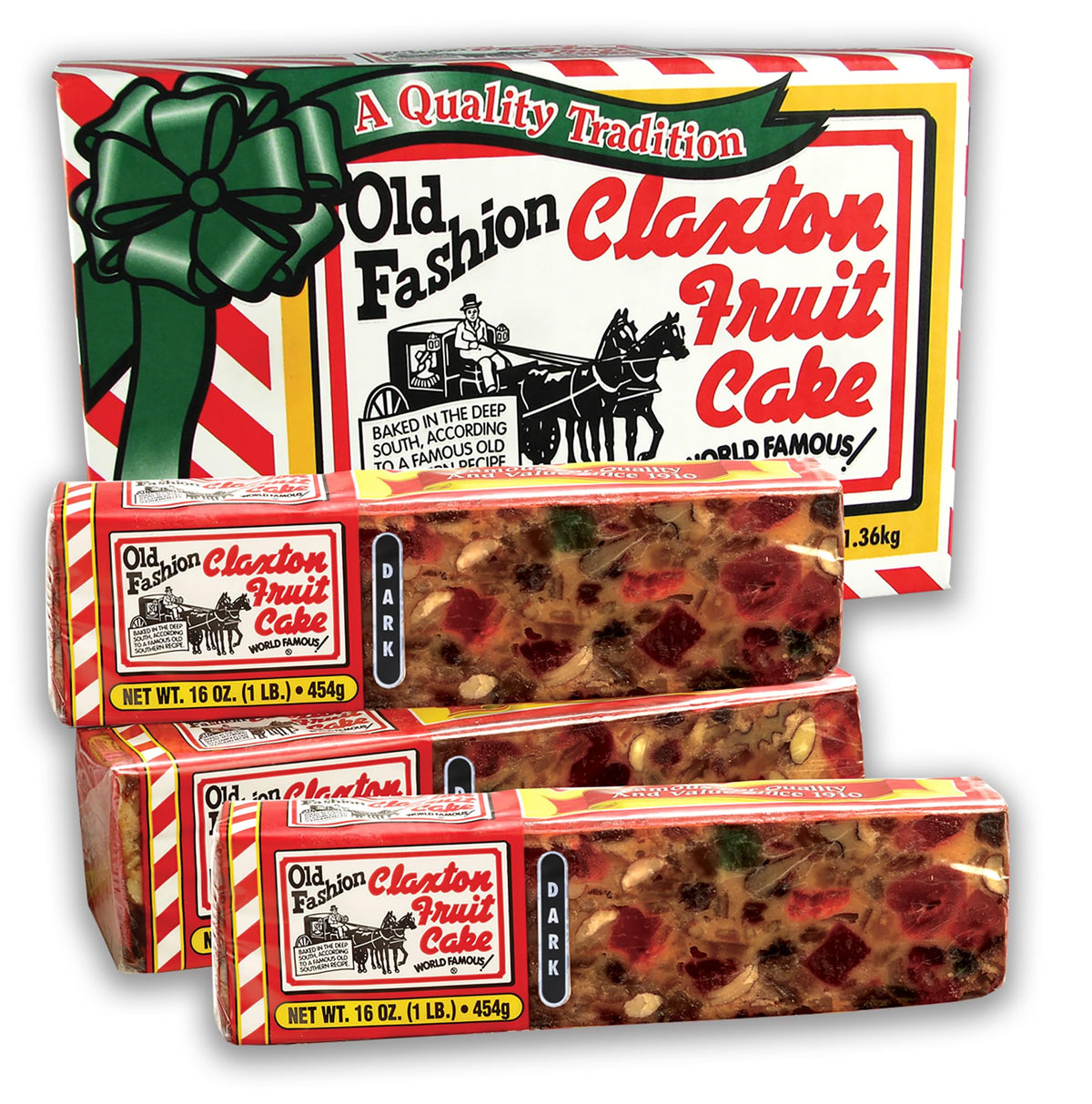 Claxton Fruit Cake Dark Recipe 3-Pack carton on holiday table, ideal for gifting.