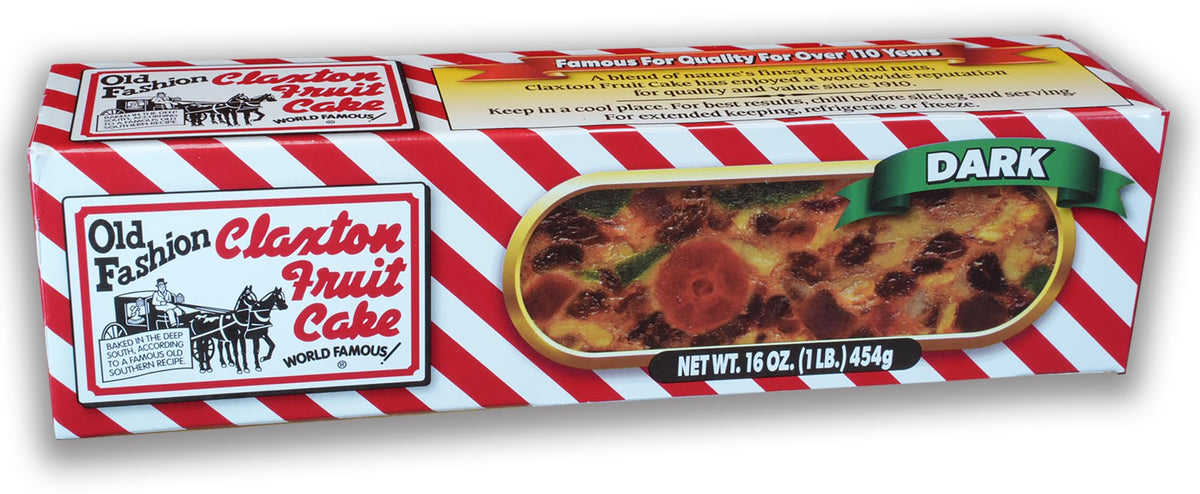 Claxton Fruit Cake in 1lb dark old-fashion wrap inside signature carton preserves freshness.