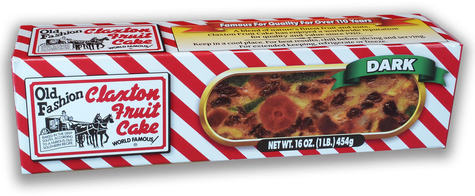 Claxton Fruit Cake in 1lb dark old-fashion wrap inside signature carton preserves freshness.