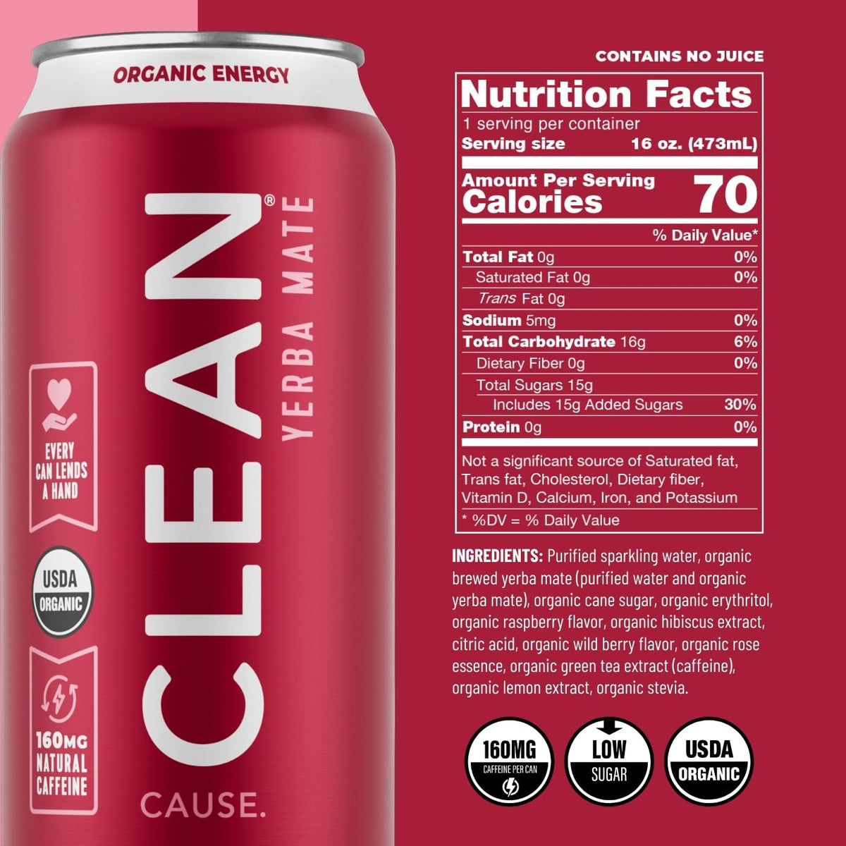 Clean Cause 160mg natural caffeine from yerba mate supports alert energy.