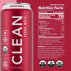 Clean Cause 160mg natural caffeine from yerba mate supports alert energy.