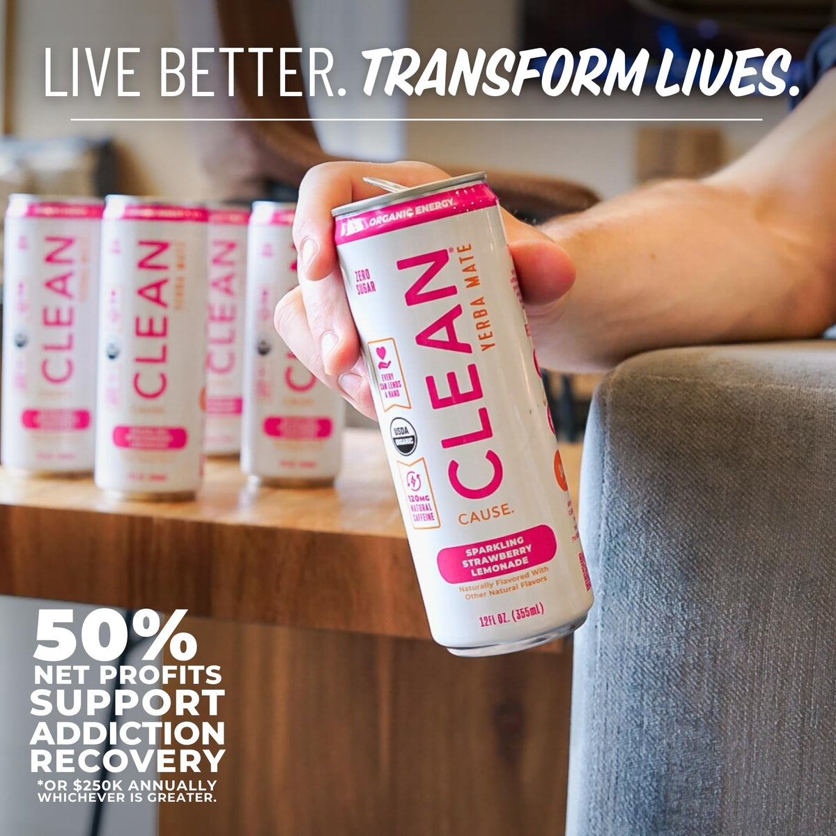 Outdoor scene of Clean Cause can invites on-the-go refreshment and energy.