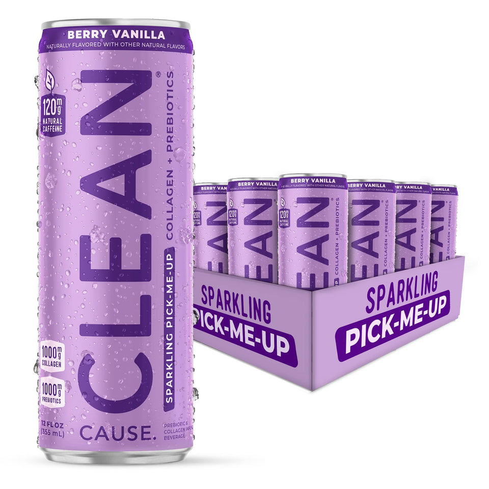 CLEAN CAUSE Berry Vanilla sparkling can with refreshing flavor on ice.