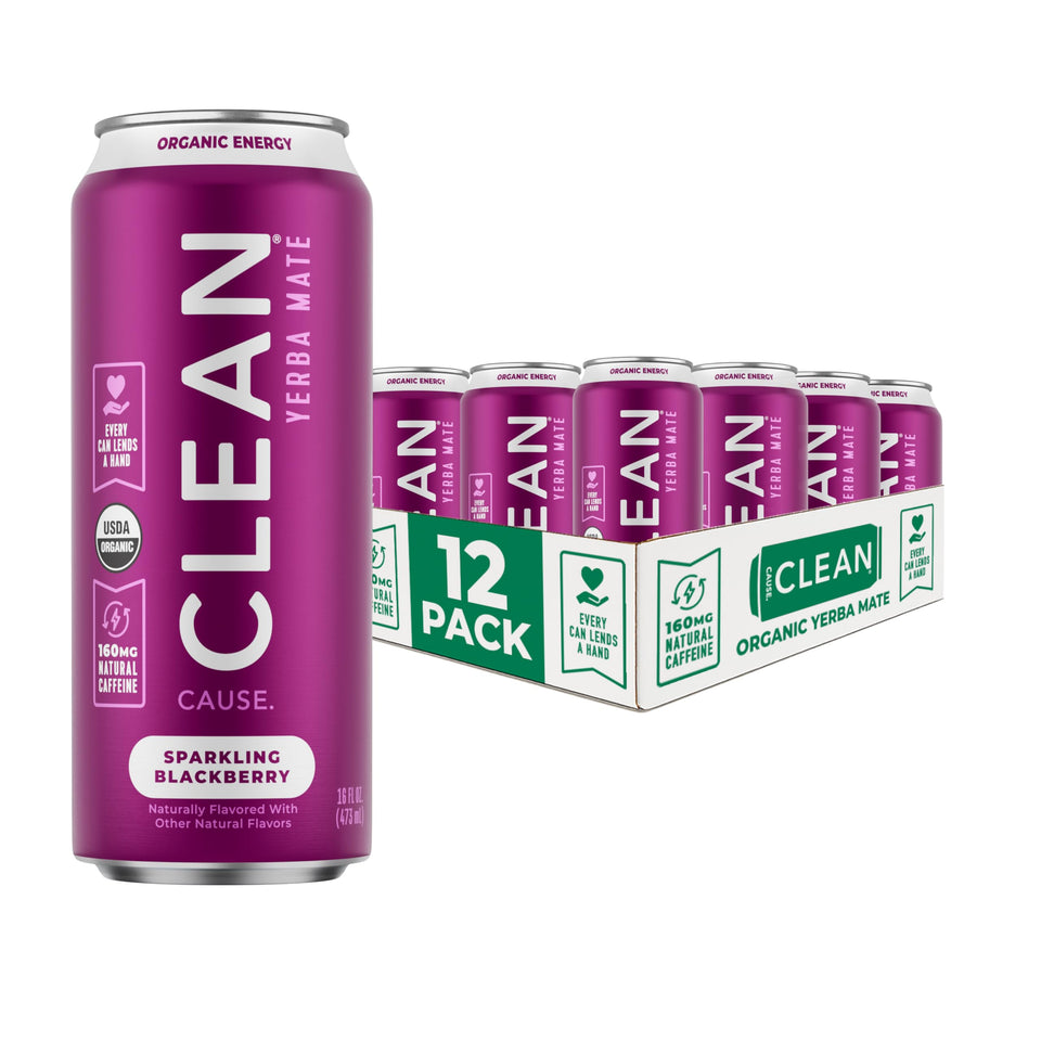 CLEAN CAUSE Blackberry Yerba Mate sparkling can - front label view highlighting organic energy