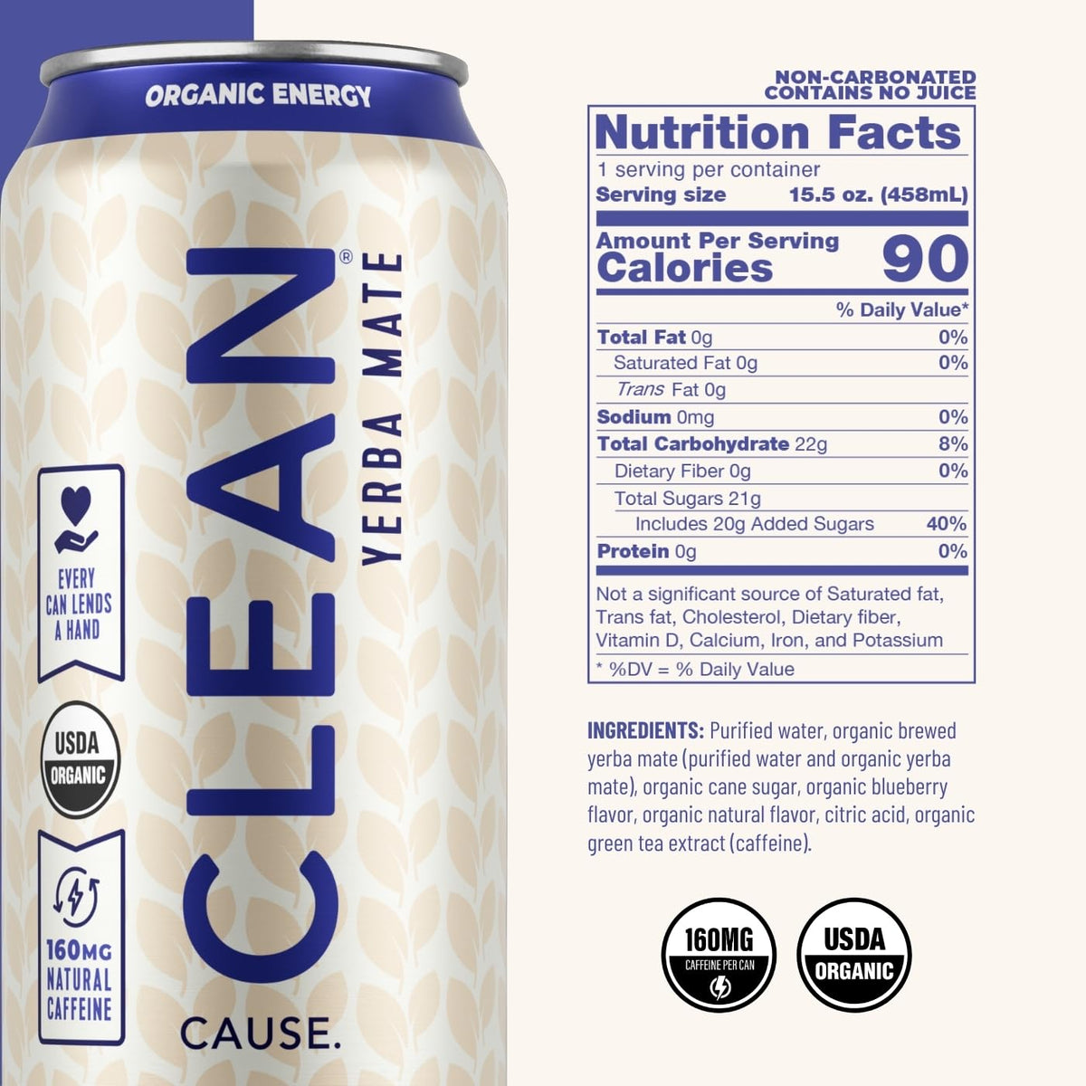 Clean Cause Blueberry Yerba Mate Tea can side label showing USDA Organic certification.