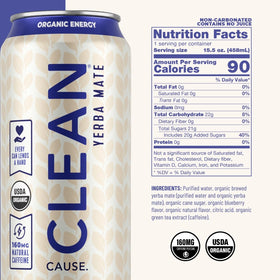 Clean Cause Blueberry Yerba Mate Tea can side label showing USDA Organic certification.