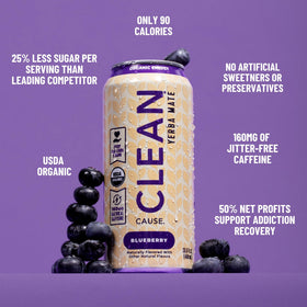Pouring Clean Cause Blueberry Yerba Mate Tea into a glass, showcasing refreshing flavor.