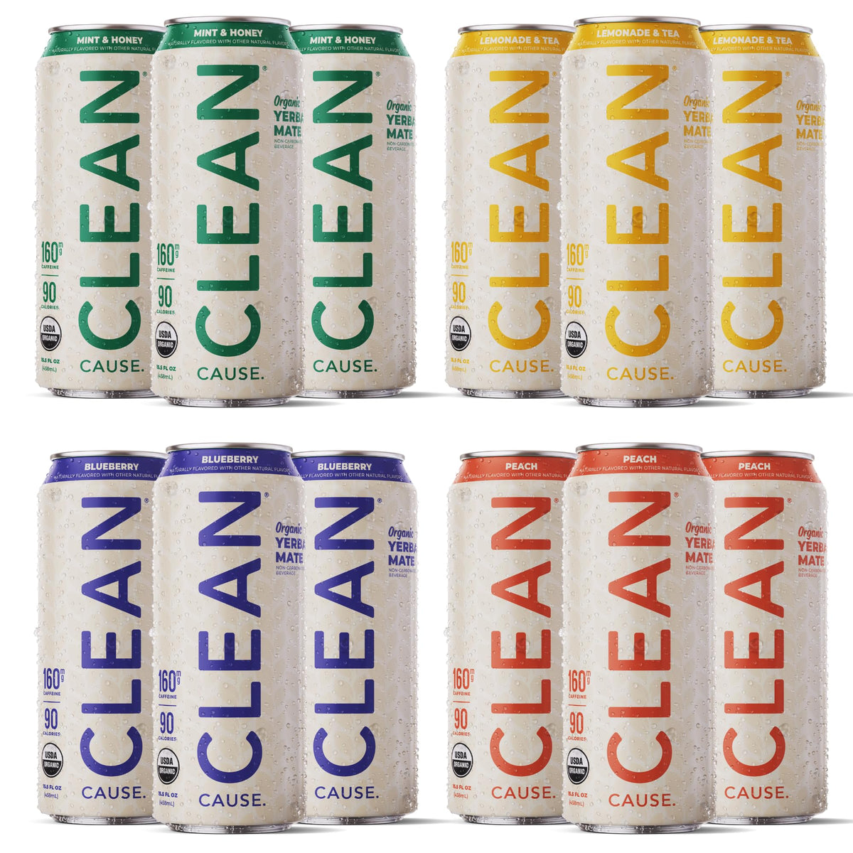 CLEAN CAUSE 12-pack case layout demonstrates eco-friendly packaging and flavor variety.