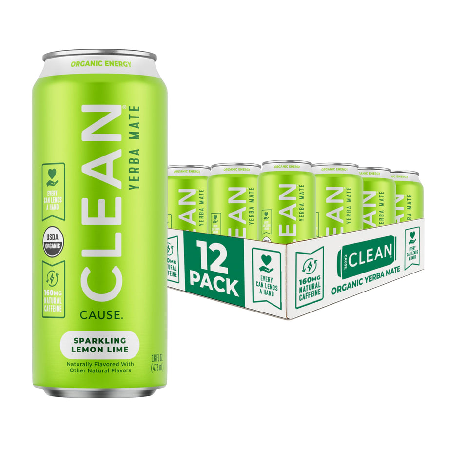 Clean Cause Lemon Lime Yerba Mate Sparkling can for a refreshing caffeine boost.