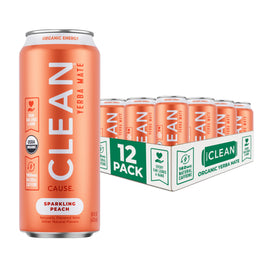 Clean Cause Low Calorie Peach Yerba Mate can with peach label delivers a refreshing energy boost