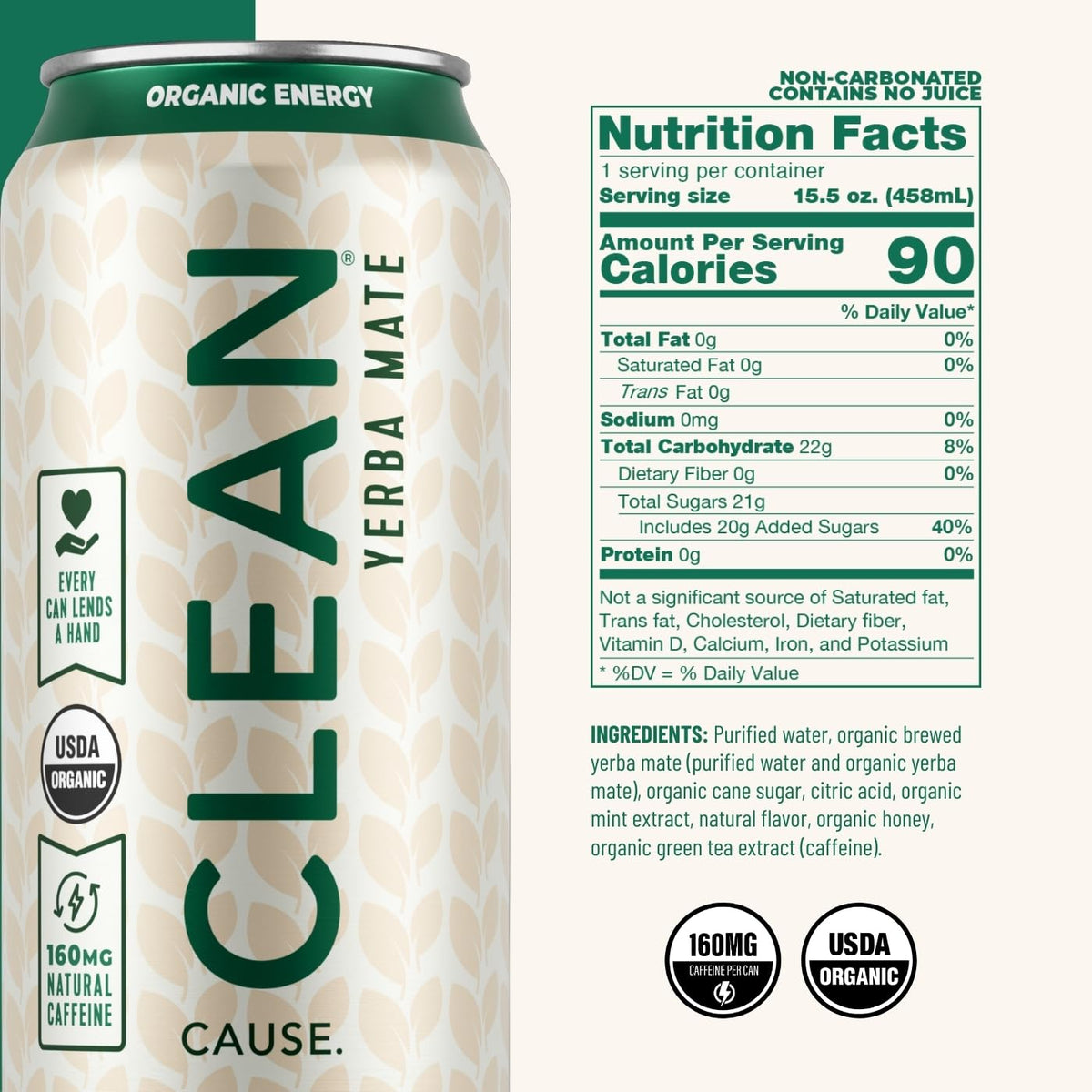 CLEAN CAUSE Yerba Mate can with fair-trade caffeine for clean energy.