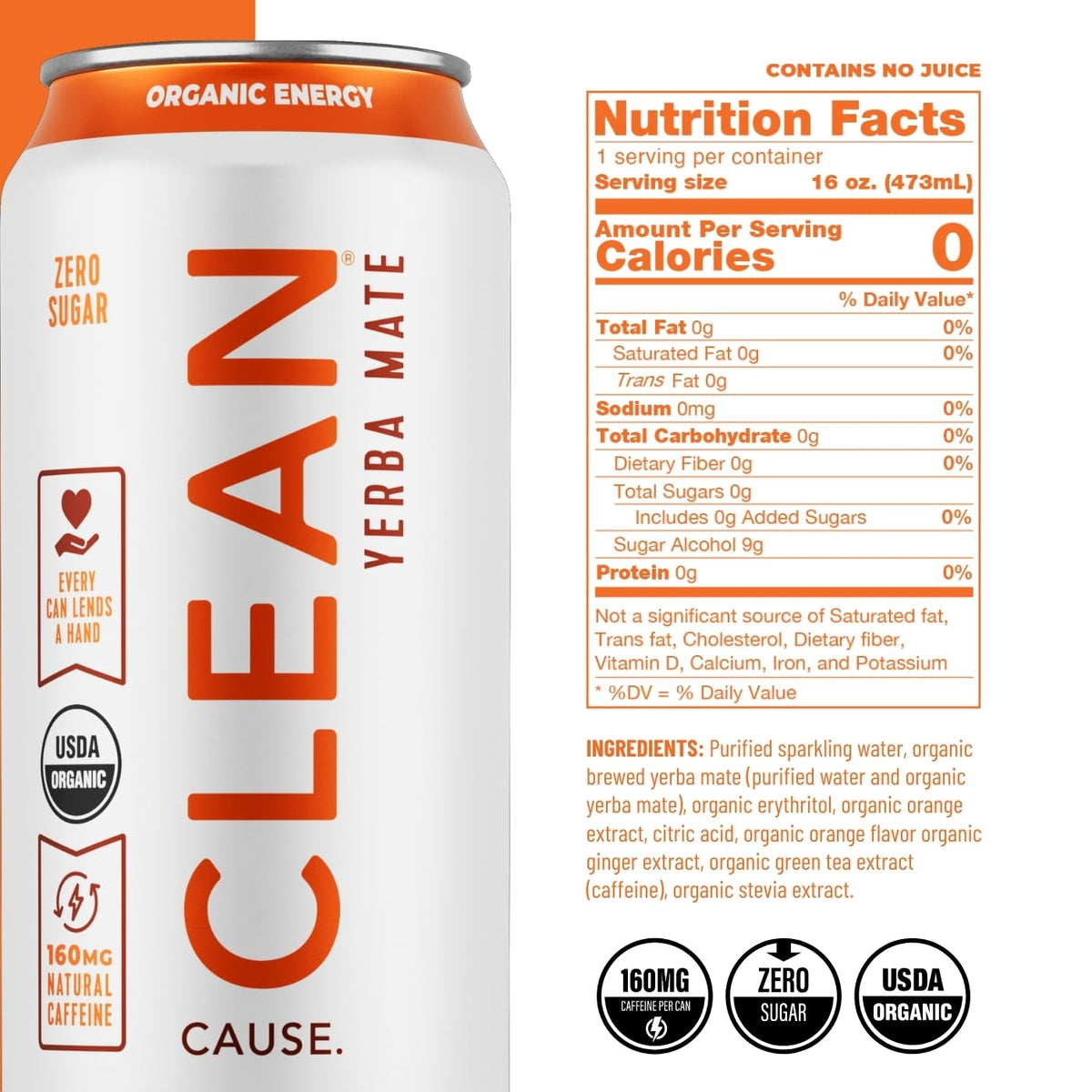 CLEAN CAUSE Orange Ginger Yerba Mate can being poured for a mid-day lift