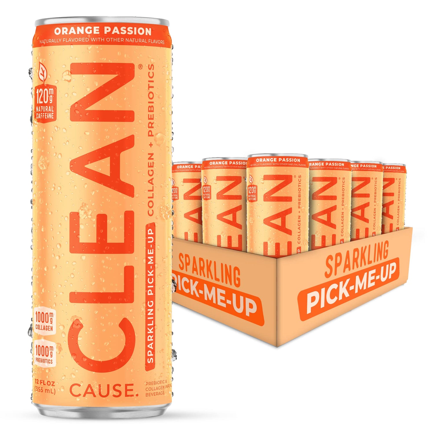 CLEAN CAUSE Orange Passion cans on display, emphasizing the refreshing, low-sugar flavor.