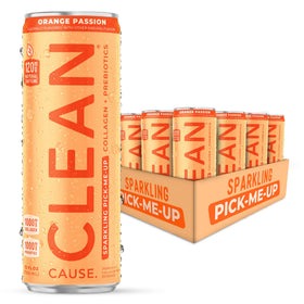 CLEAN CAUSE Orange Passion cans on display, emphasizing the refreshing, low-sugar flavor.
