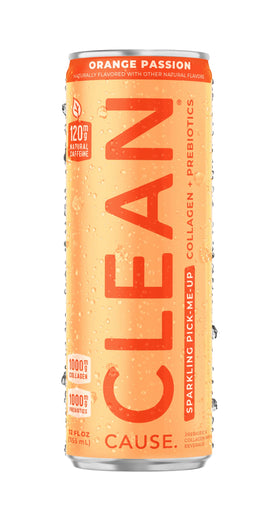 Close-up of CLEAN CAUSE Orange Passion ingredients like prebiotics and collagen peptides.