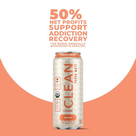 Label close-up on CLEAN CAUSE Peach Yerba Mate showing organic certification