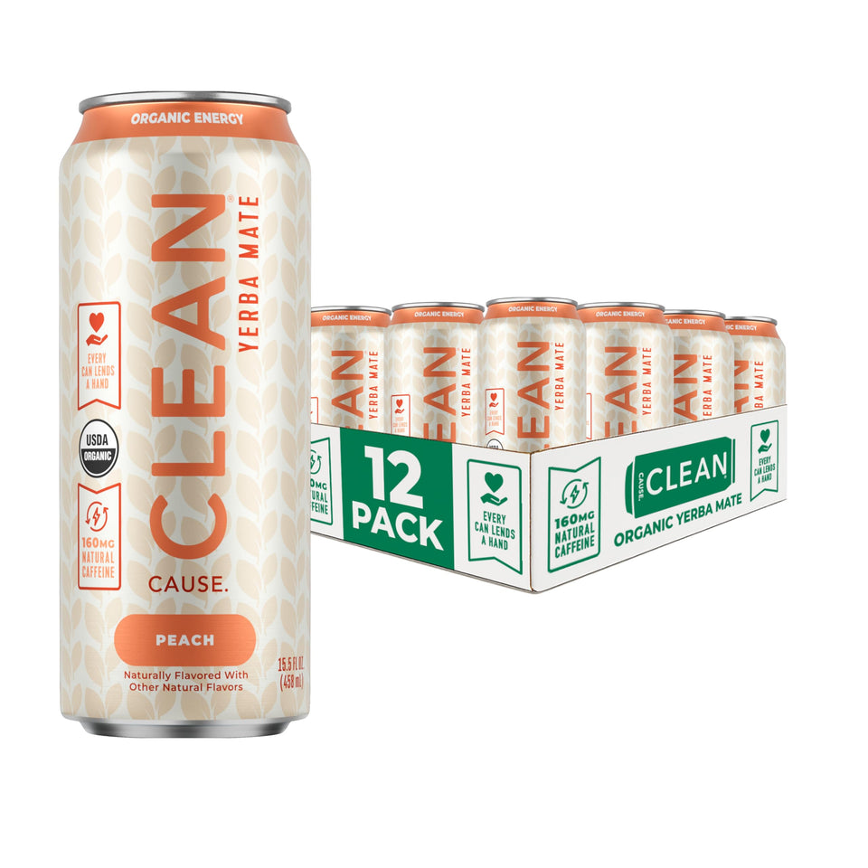 CLEAN CAUSE Peach Yerba Mate can with a vibrant label for a natural energy lift
