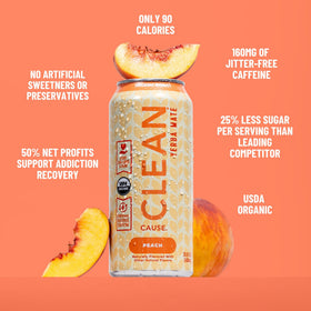 Pouring CLEAN CAUSE Peach Yerba Mate into a glass for a refreshing non-carbonated sip