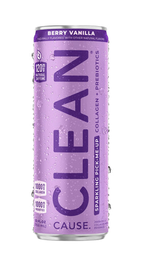 CLEAN CAUSE icon highlights prebiotics and collagen for daily use.