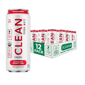 Clean Cause Sparkling Yerba Mate can in Cherry Lime flavor for a refreshing energy boost.