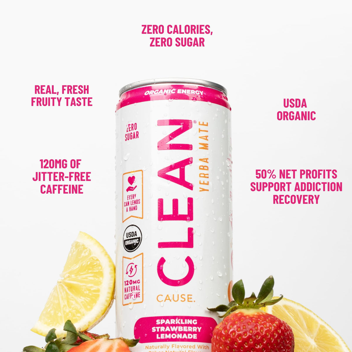 Close-up of Clean Cause Strawberry Lemonade bubbles suggesting a refreshing, calorie-free moment.
