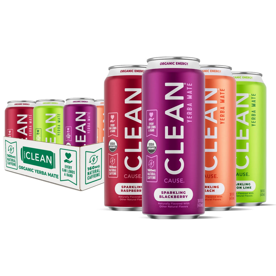 Clean Cause yerba mate sparkling cans in a variety pack for a refreshing boost.