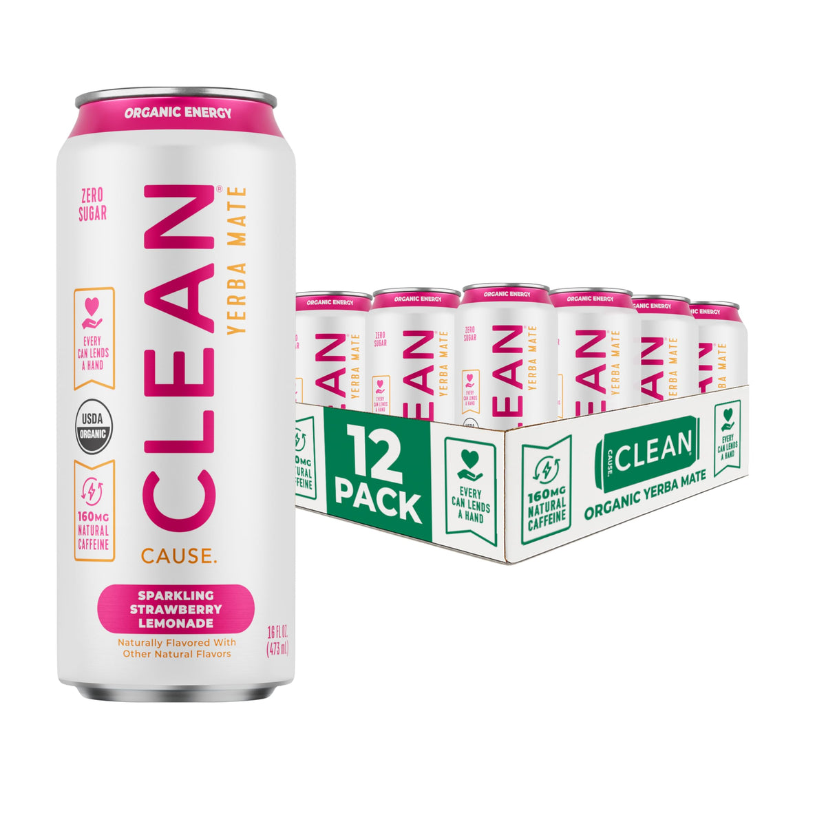 CLEAN CAUSE Zero Sugar Strawberry Lemonade can close-up, boosting energy.