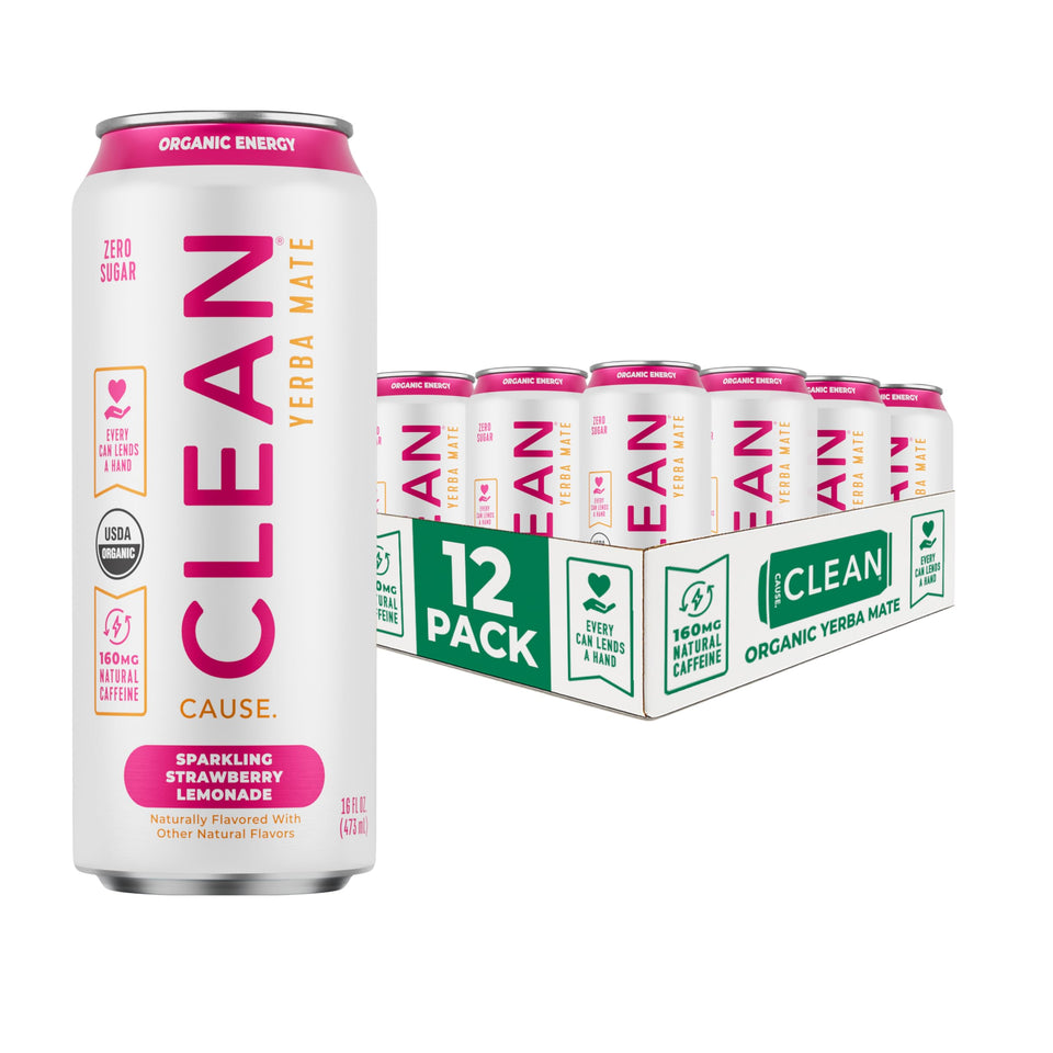 CLEAN CAUSE Zero Sugar Strawberry Lemonade can close-up, boosting energy.