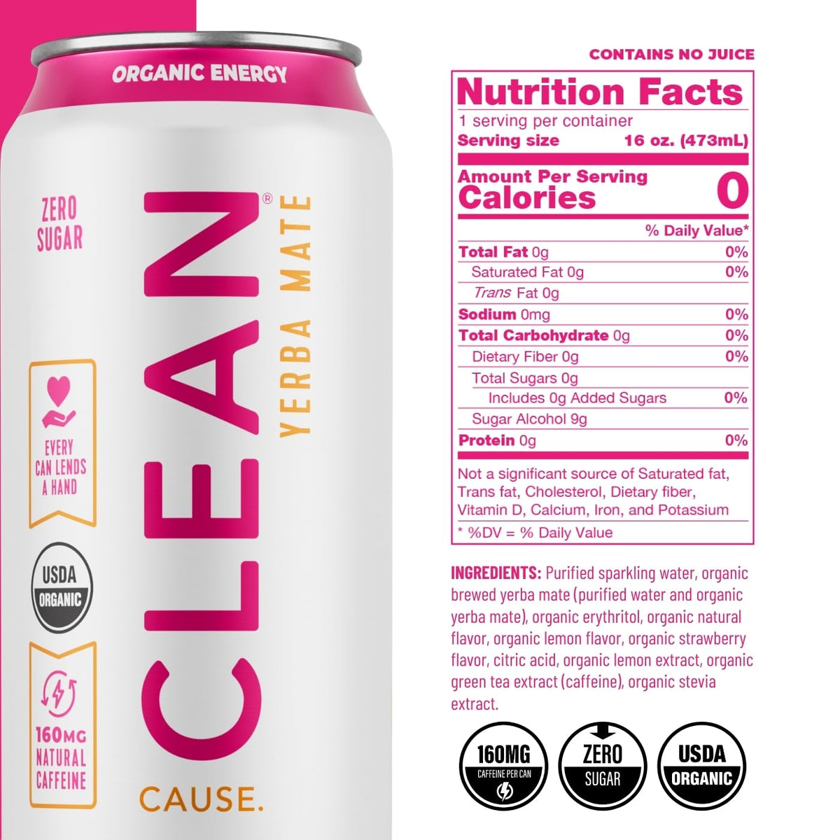 CLEAN CAUSE Zero Sugar Strawberry Lemonade can on ice shows refreshing, calorie-free hydration.