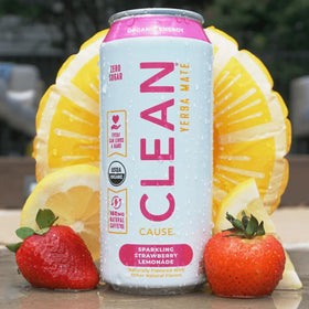 CLEAN CAUSE Zero Sugar Strawberry Lemonade in fridge scene suggests convenient daily energy.