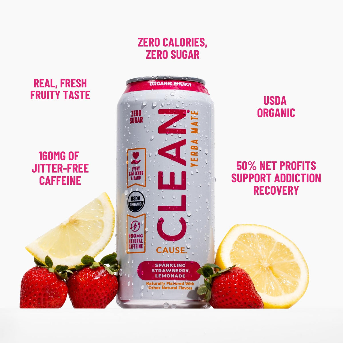 CLEAN CAUSE Strawberry Lemonade label detail emphasizes USDA Organic ingredients.
