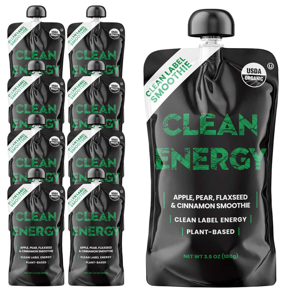 Clean Energy smoothie pouch with apple-pear-cinnamon-flaxseed for on-the-go energy.