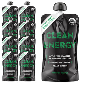 Clean Energy smoothie pouch with apple-pear-cinnamon-flaxseed for on-the-go energy.