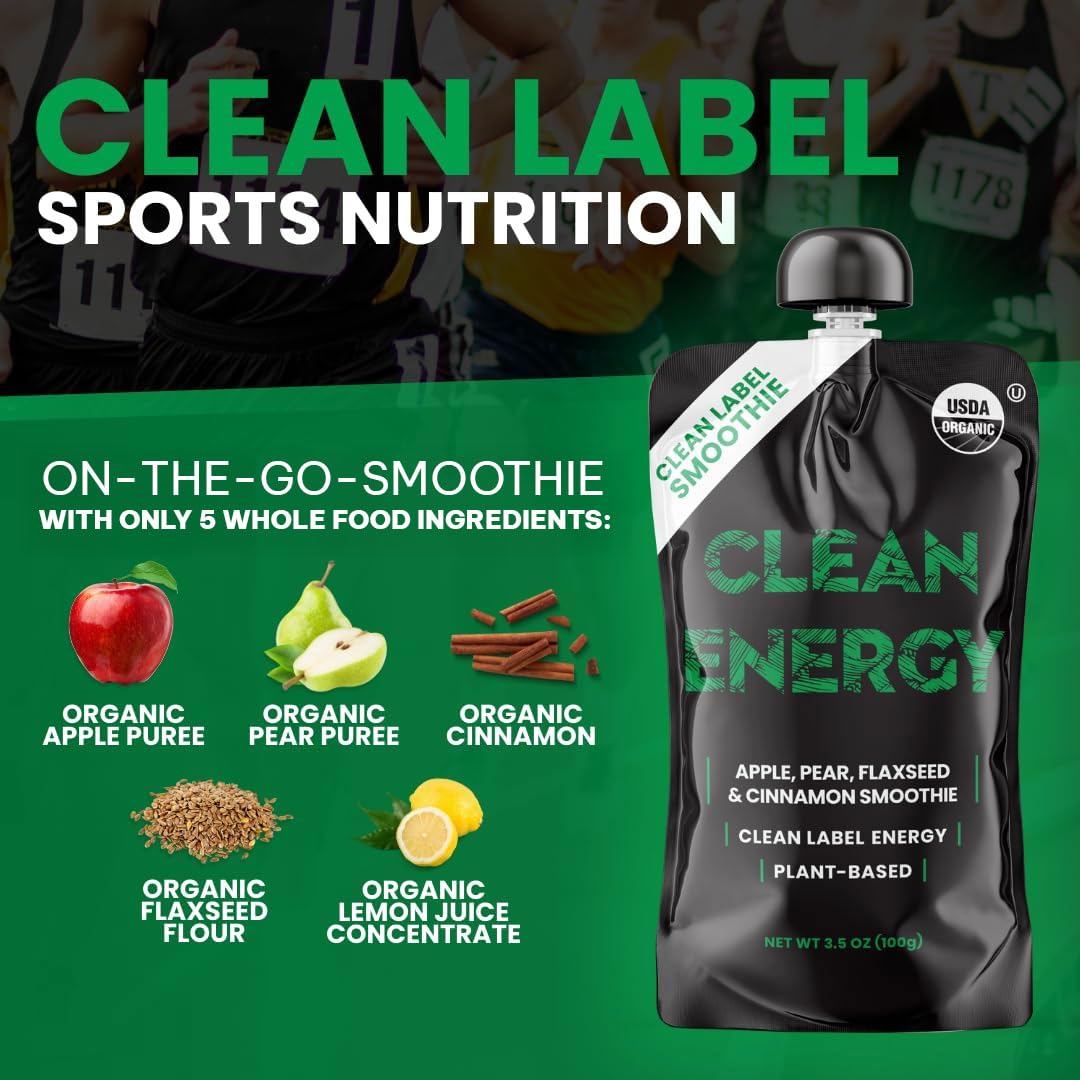Clean Energy organic smoothie pouch, shelf-stable for hiking and gym sessions.