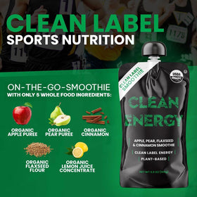 Clean Energy organic smoothie pouch, shelf-stable for hiking and gym sessions.