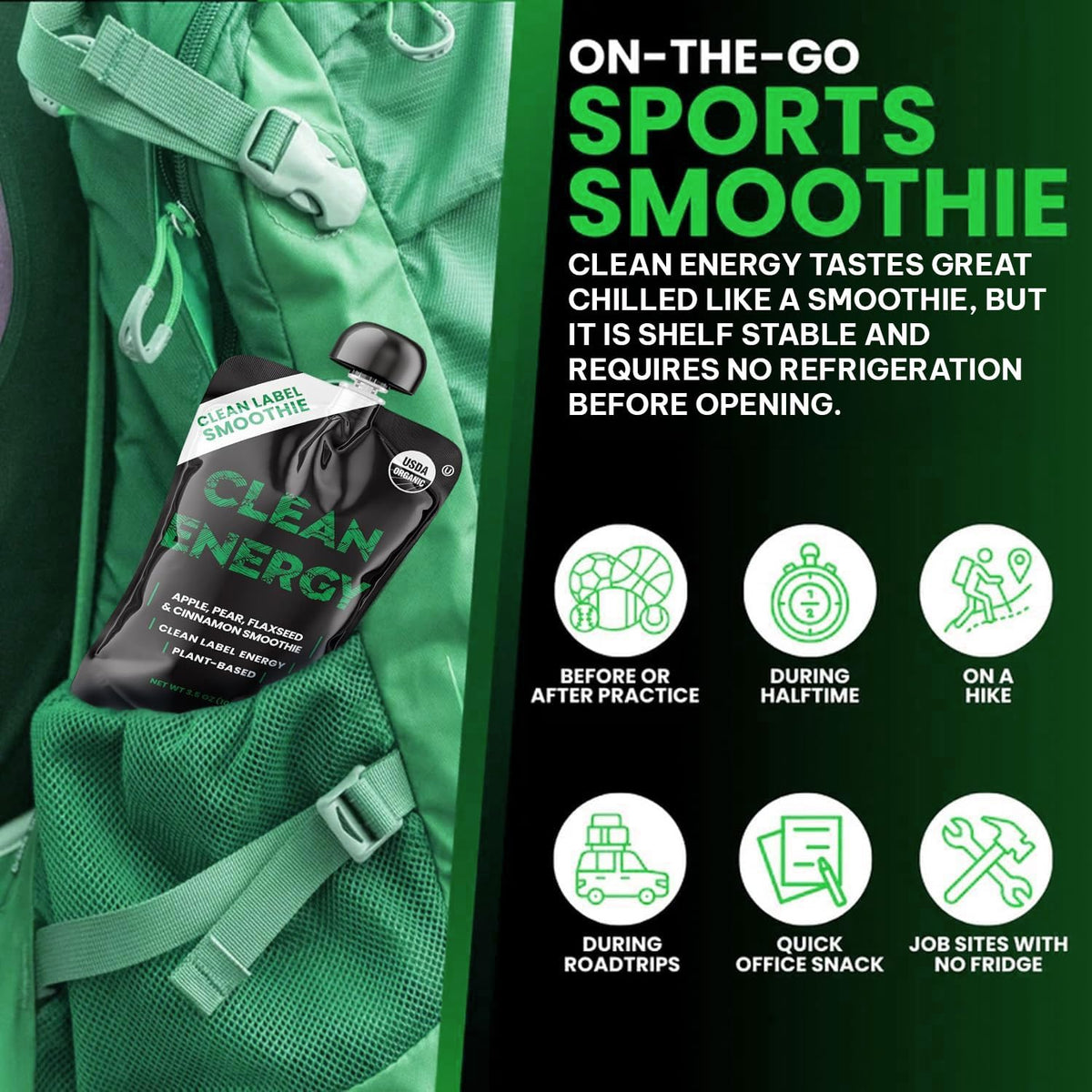 Clean Energy apple-pear-cinnamon-flaxseed pouch, portable and shelf-stable for travel.