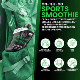 Clean Energy apple-pear-cinnamon-flaxseed pouch, portable and shelf-stable for travel.