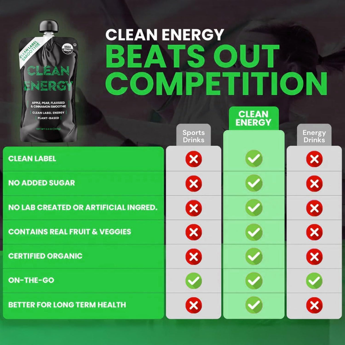 Clean Energy apple-pear-cinnamon-flaxseed pouch, ready-to-drink anytime.
