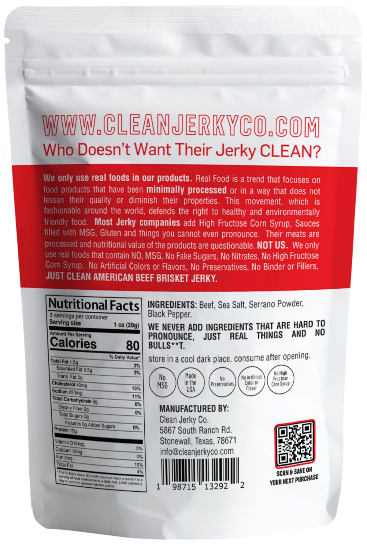 Clean Jerky Co beef-salt-pepper ingredients closeup communicates clean nutrition.