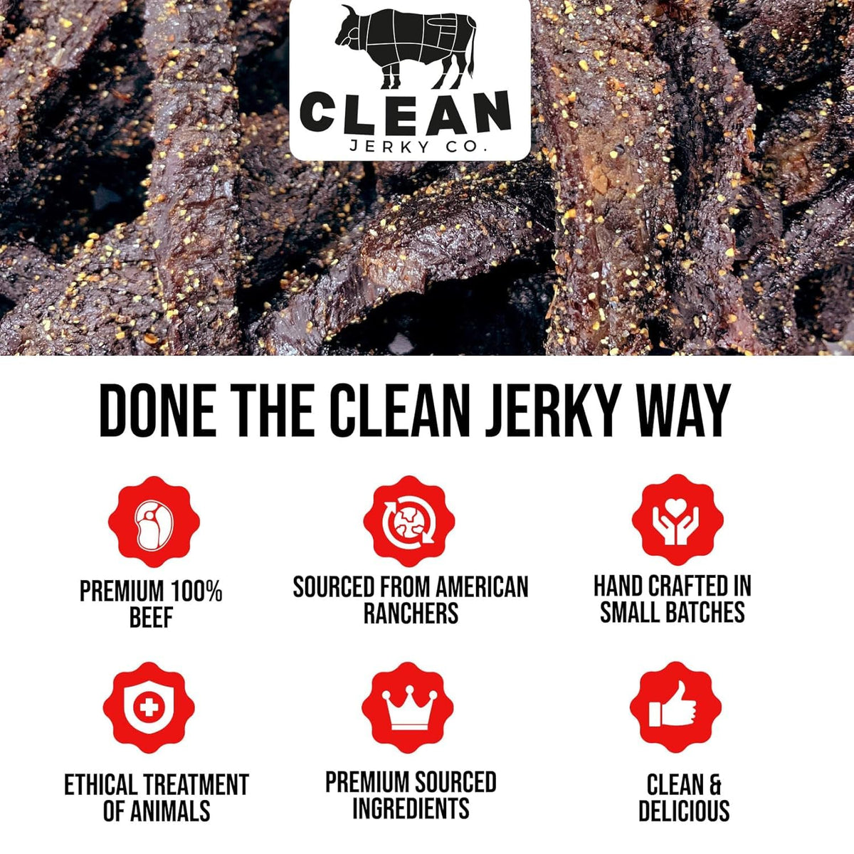 Clean Jerky Co Three-Ingredient Jerky List—minimal ingredients with no sugar.