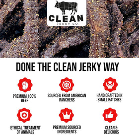 Clean Jerky Co Three-Ingredient Jerky List—minimal ingredients with no sugar.