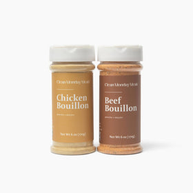 Clean Monday Meals bouillon powder with scoop for quick, rich chicken and beef stock.