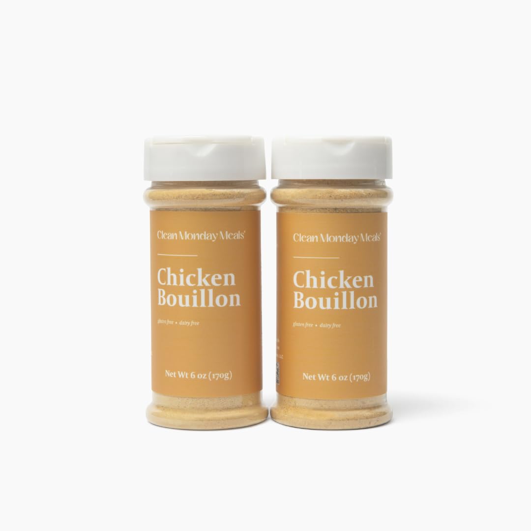 Clean Monday Meals chicken bouillon powder bottle shows rich flavor for soups