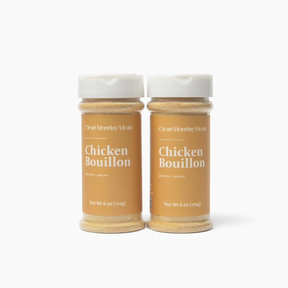 Clean Monday Meals chicken bouillon powder bottle shows rich flavor for soups